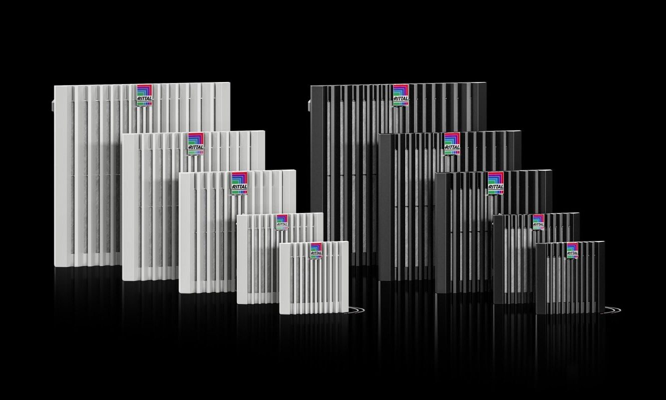Collection of industrial heat sinks in white and black finishes, arranged in descending size order with colorful digital displays, showcasing thermal management solutions against black background