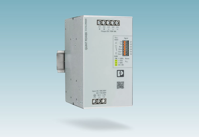 Industrial DIN rail power supply unit in white housing with LED status indicators, terminal connections, and Phoenix Contact branding on gradient background